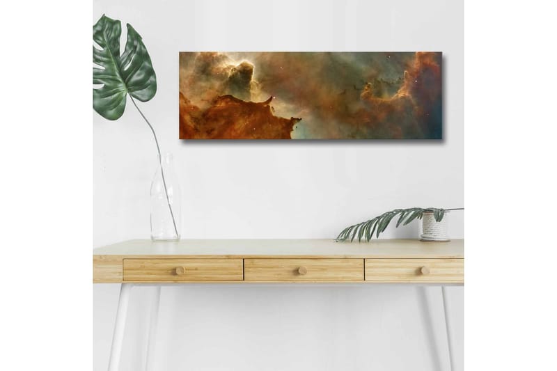 Lerretsbilde med LED-belysning - Abstrakt romlandskap med svevende skyer og stjerner - Kobberbrun / Grønn / Blå - Innredning - Bilder & kunst - Lerretsbilder