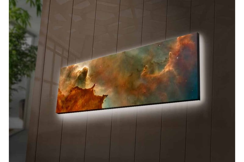 Lerretsbilde med LED-belysning - Abstrakt romlandskap med svevende skyer og stjerner - Kobberbrun / Grønn / Blå - Innredning - Bilder & kunst - Lerretsbilder