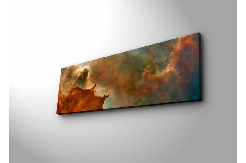 Lerretsbilde med LED-belysning - Abstrakt romlandskap med svevende skyer og stjerner - Kobberbrun / Grønn / Blå - Innredning - Bilder & kunst - Lerretsbilder