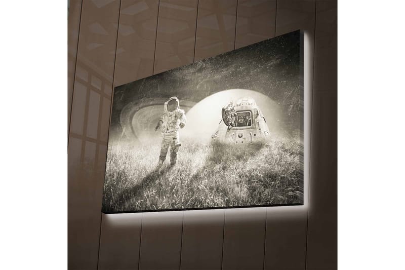 Lerretsbilde med LED-belysning - Astronaut i et futuristisk landskap med et romskip, Svart / Hvit / Grå