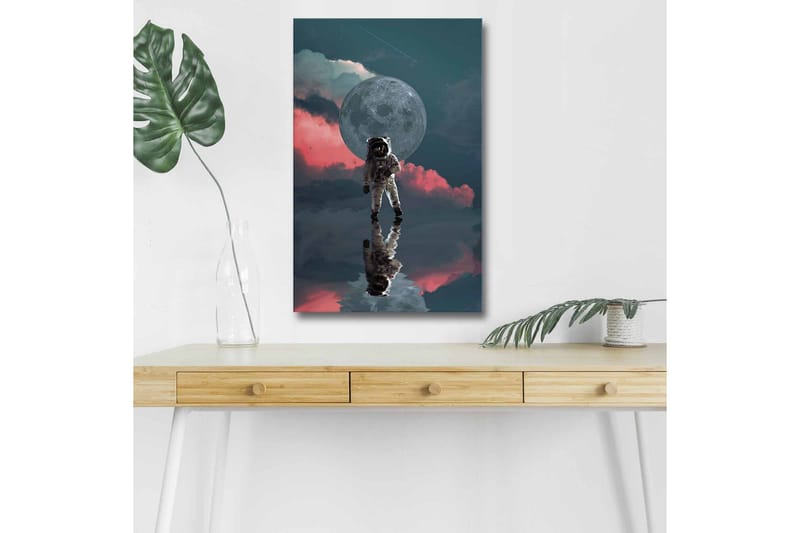Lerretsbilde med LED-belysning - Astronaut som svever i et drømmeaktig rommiljø med en stor måne i bakgrunnen - Mørk blå / Rosa / Grå - Innredning - Bilder & kunst - Lerretsbilder