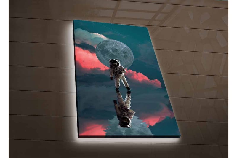 Lerretsbilde med LED-belysning - Astronaut som svever i et drømmeaktig rommiljø med en stor måne i bakgrunnen - Mørk blå / Rosa / Grå - Innredning - Bilder & kunst - Lerretsbilder
