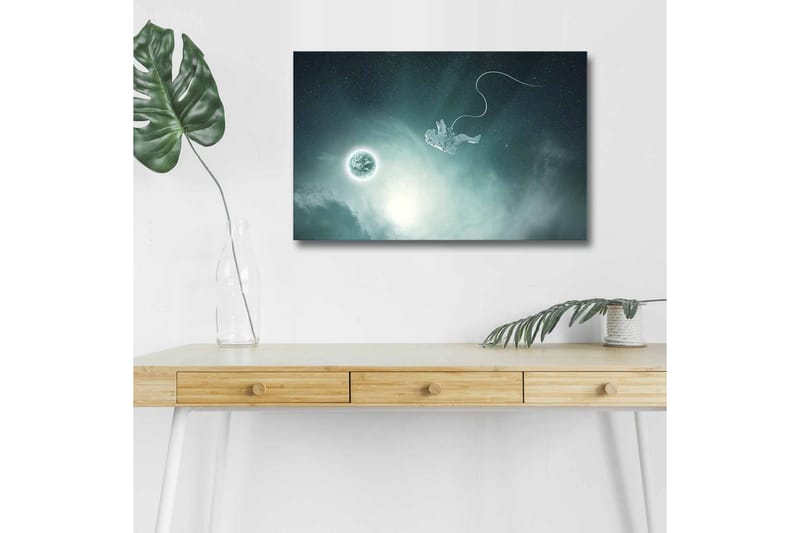 Lerretsbilde med LED-belysning - Astronaut som svever i rommet med en planet i bakgrunnen, Mørk blå / Grønn / Hvit