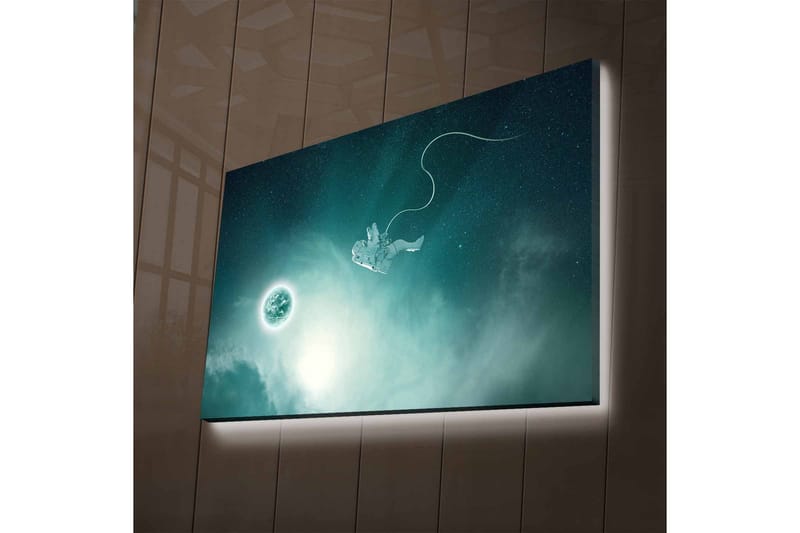 Lerretsbilde med LED-belysning - Astronaut som svever i rommet med en planet i bakgrunnen - Mørk blå / Grønn / Hvit - Innredning - Bilder & kunst - Lerretsbilder