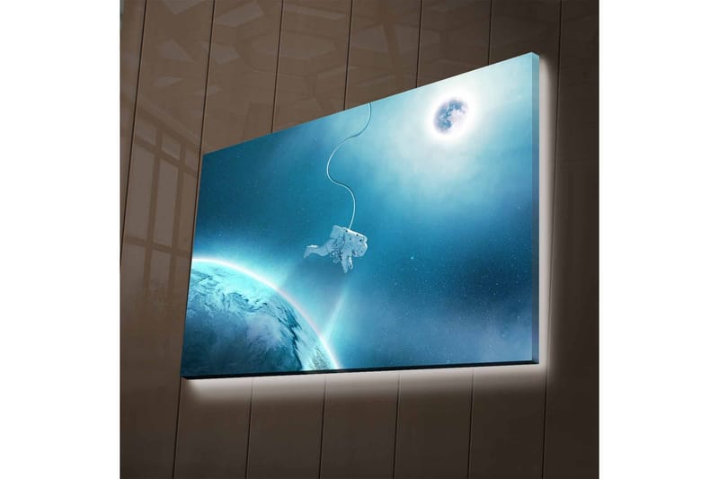 Lerretsbilde med LED-belysning - Astronaut som svever i rommet over jorden, Blå / Turkis / Hvit