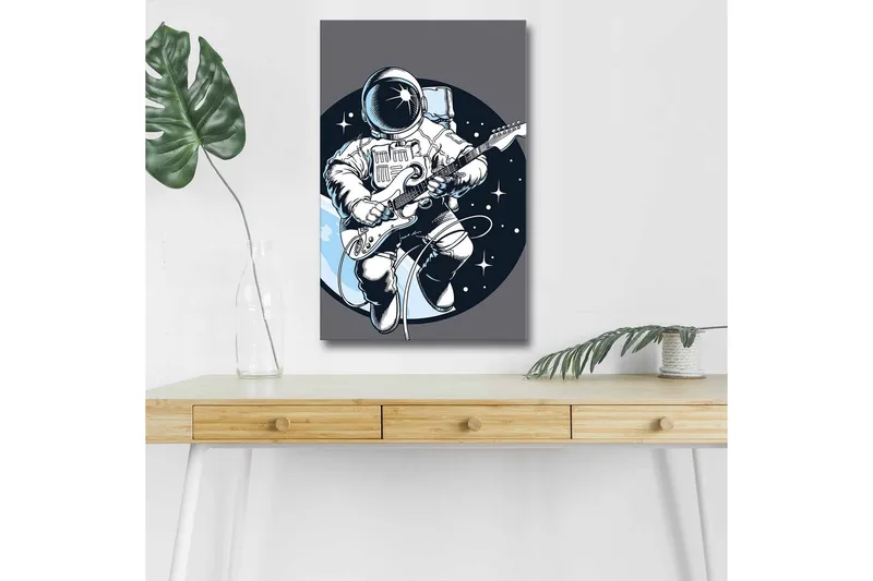 Lerretsbilde med LED-belysning - Astronaut spiller gitar i rommet, Mørk blå / Hvit / Grå