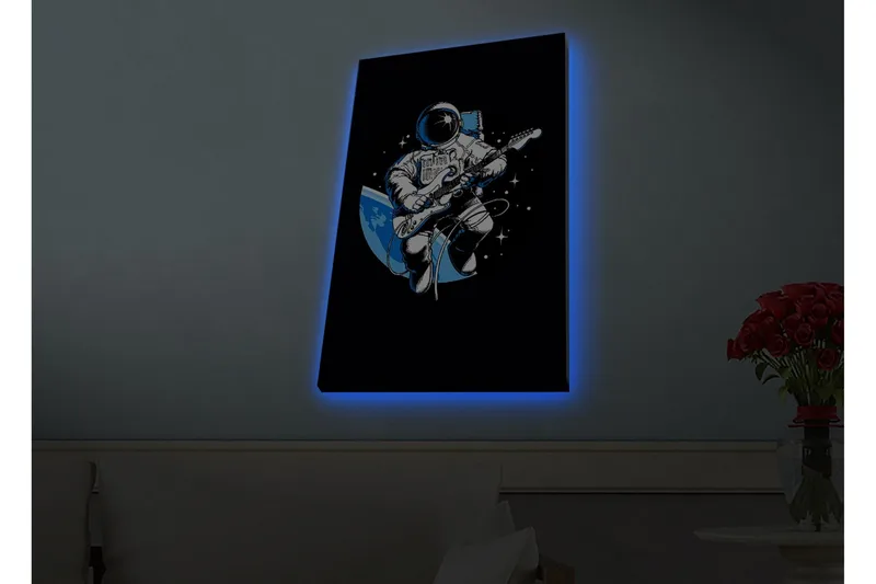 Lerretsbilde med LED-belysning - Astronaut spiller gitar i rommet, Svart / Blå / Hvit