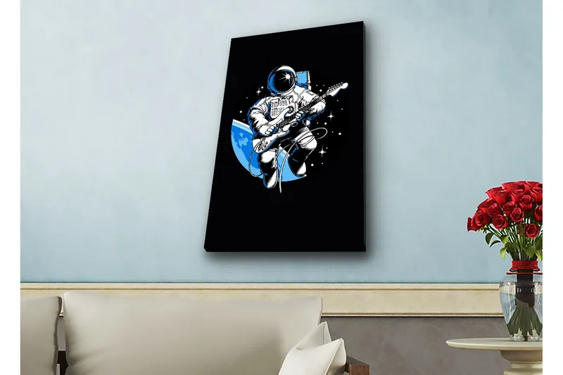 Lerretsbilde med LED-belysning - Astronaut spiller gitar i rommet - Svart / Blå / Hvit - Innredning - Bilder & kunst - Lerretsbilder