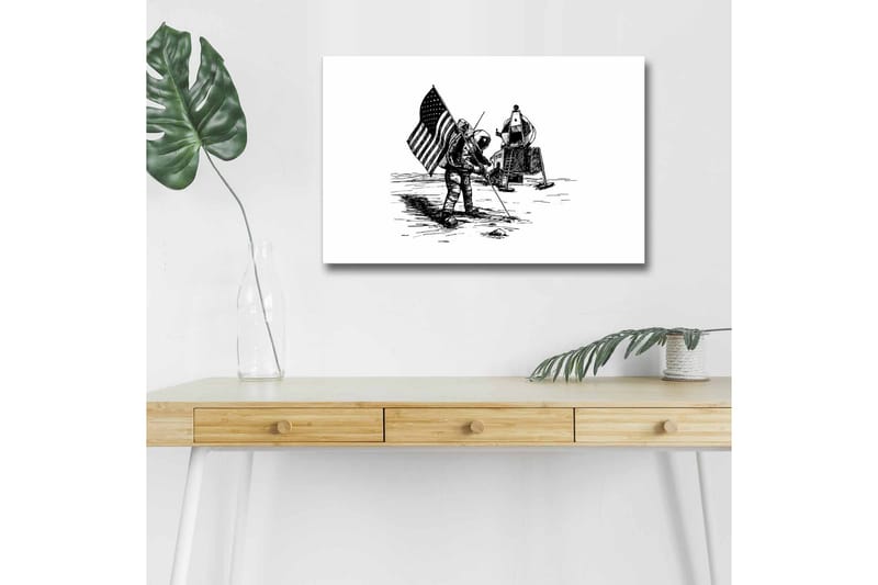 Lerretsbilde med LED-belysning - Astronaut planter et flagg på månens overflate - Svart / Hvit - Innredning - Bilder & kunst - Lerretsbilder