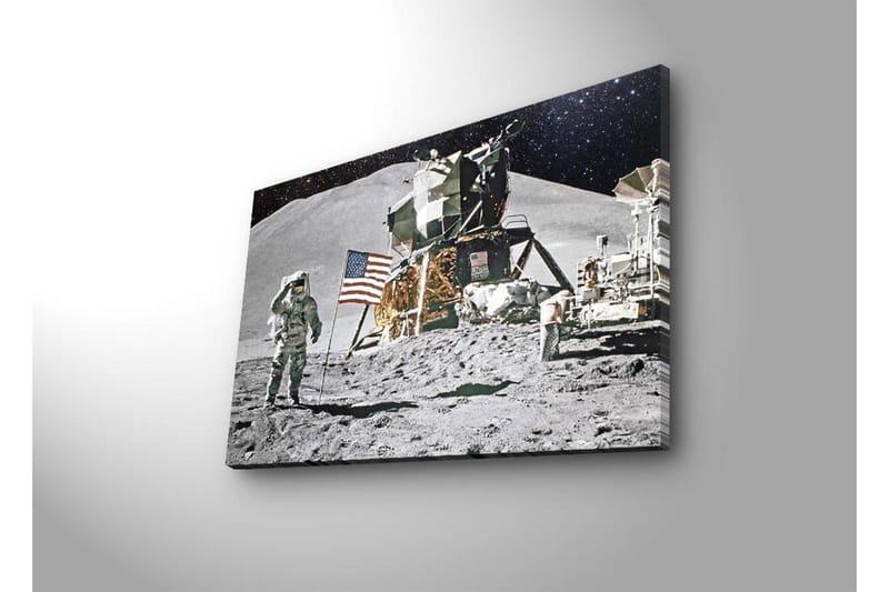 Lerretsbilde med LED-belysning - Astronaut på måneoverflaten med månelander og amerikansk flagg - Grå / Svart / Gull - Innredning - Bilder & kunst - Lerretsbilder