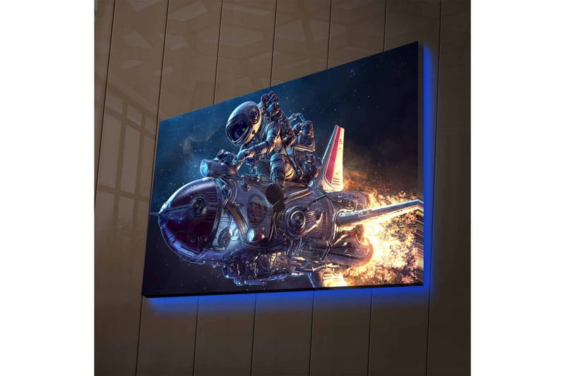 Lerretsbilde med LED-belysning - Astronaut på en futuristisk rakett i rommet - Mørk blå / Sølv / Oransje - Innredning - Bilder & kunst - Lerretsbilder