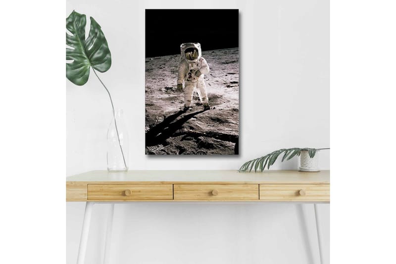 Lerretsbilde med LED-belysning - Astronaut på månens overflate, Svart / Grå / Hvit