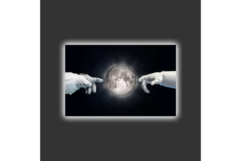 Lerretsbilde med LED-belysning - Astronauthender rekker mot månen - Svart / Hvit / Grå - Innredning - Bilder & kunst - Lerretsbilder