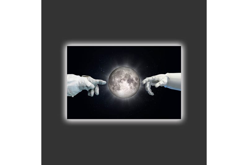 Lerretsbilde med LED-belysning - Astronauthender rekker mot månen - Svart / Hvit / Grå - Innredning - Bilder & kunst - Lerretsbilder