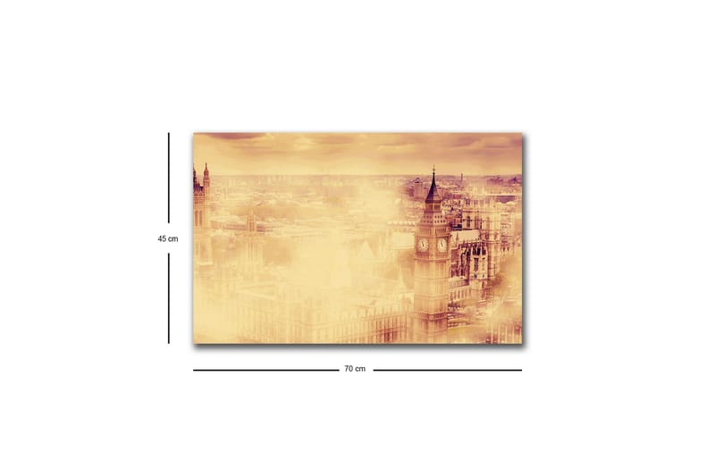 Lerretsbilde med LED-belysning - Atmosfærisk utsikt over en by med kjente bygninger i tåke - Beige / Gull / Mørk brun - Innredning - Bilder & kunst - Lerretsbilder