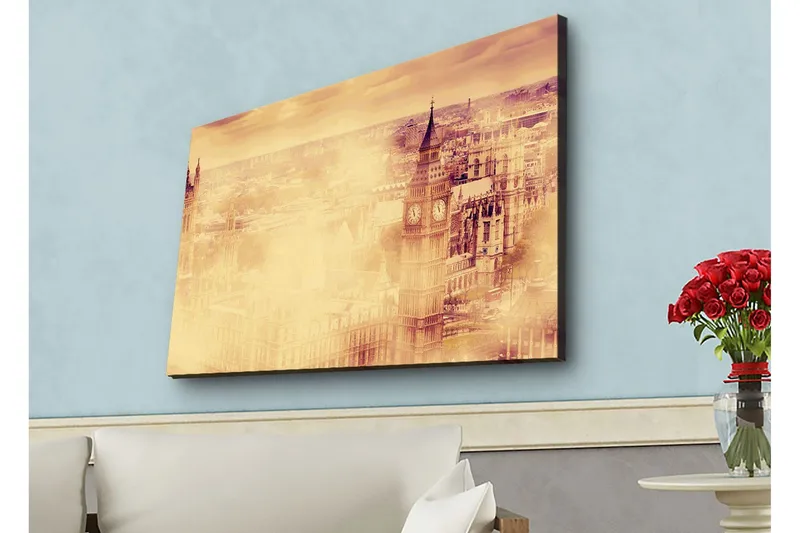 Lerretsbilde med LED-belysning - Atmosfærisk utsikt over en by med kjente bygninger i tåke - Beige / Gull / Mørk brun - Innredning - Bilder & kunst - Lerretsbilder