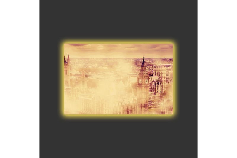 Lerretsbilde med LED-belysning - Atmosfærisk utsikt over en by med kjente bygninger i tåke - Beige / Gull / Mørk brun - Innredning - Bilder & kunst - Lerretsbilder