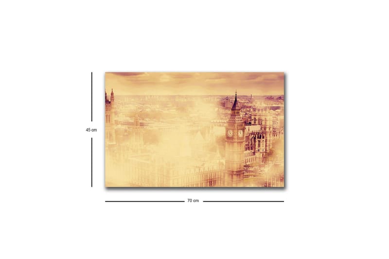 Lerretsbilde med LED-belysning - Atmosfærisk utsikt over en by med kjente bygninger i tåke - Beige / Gull / Mørk brun - Innredning - Bilder & kunst - Lerretsbilder