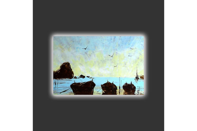 Lerretsbilde med LED-belysning - Båter på en rolig strandlinje under en klar himmel - Blå / Brun / Gul - Innredning - Bilder & kunst - Lerretsbilder