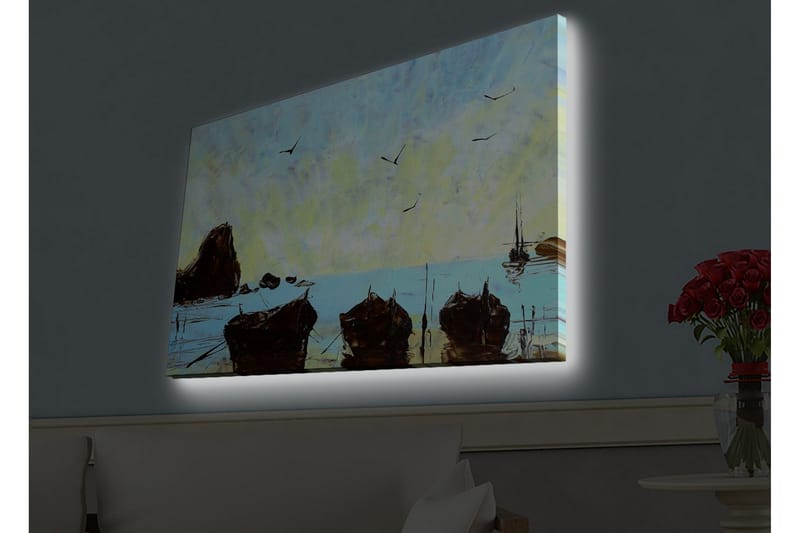 Lerretsbilde med LED-belysning - Båter på en rolig strandlinje under en klar himmel - Blå / Brun / Gul - Innredning - Bilder & kunst - Lerretsbilder
