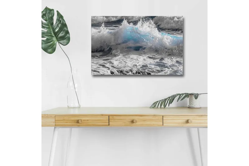 Lerretsbilde med LED-belysning - Bølger som slår i dramatiske nyanser av blått og hvitt, Blå / Hvit / Grå