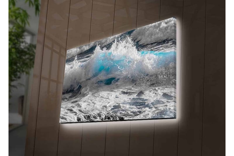 Lerretsbilde med LED-belysning - Bølger som slår i dramatiske nyanser av blått og hvitt - Blå / Hvit / Grå - Innredning - Bilder & kunst - Lerretsbilder
