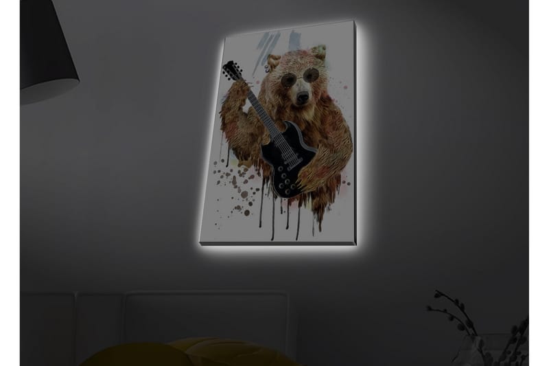 Lerretsbilde med LED-belysning - Bjørn som spiller elektrisk gitar med solbriller, Brun / Svart / Beige