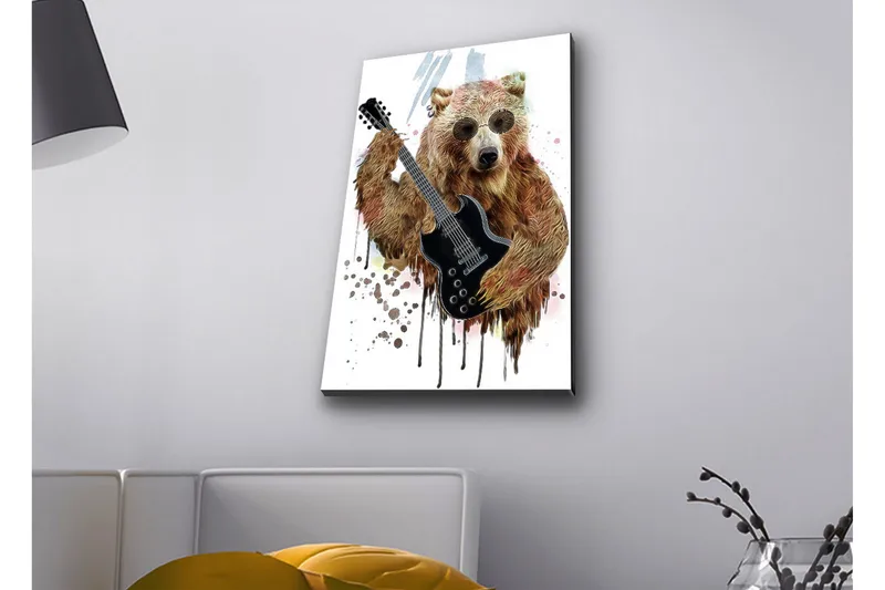 Lerretsbilde med LED-belysning - Bjørn som spiller elektrisk gitar med solbriller - Brun / Svart / Beige - Innredning - Bilder & kunst - Lerretsbilder