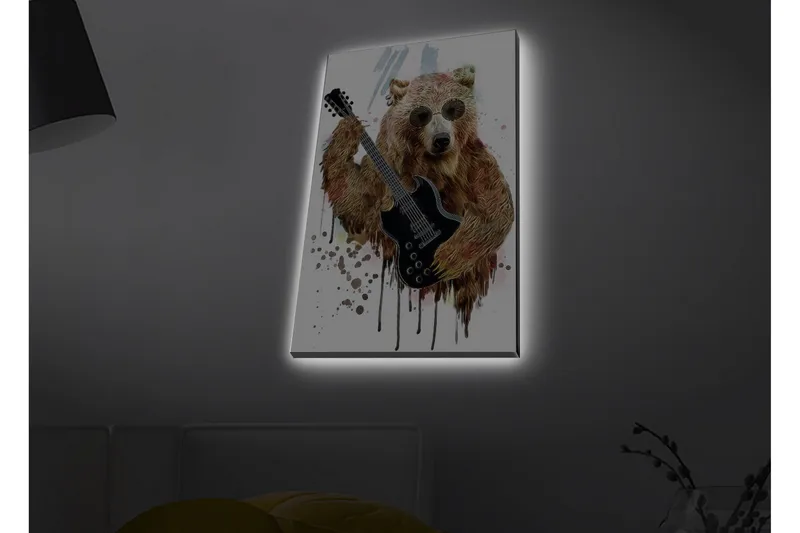Lerretsbilde med LED-belysning - Bjørn som spiller elektrisk gitar med solbriller, Brun / Svart / Beige