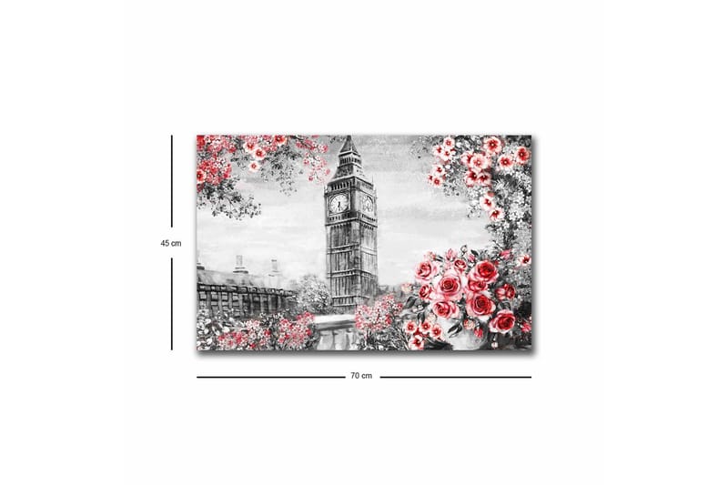 Lerretsbilde med LED-belysning - Blomster i rød fargetone med Big Ben i bakgrunnen - Rød / Grå / Hvit - Innredning - Bilder & kunst - Lerretsbilder