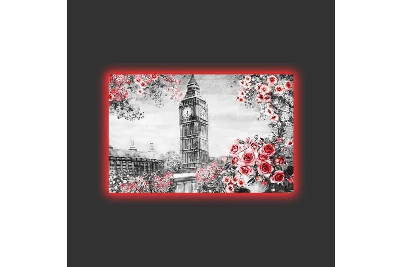 Lerretsbilde med LED-belysning - Blomster i rød fargetone med Big Ben i bakgrunnen - Rød / Grå / Hvit - Innredning - Bilder & kunst - Lerretsbilder