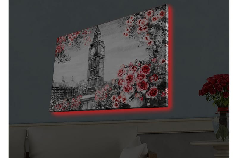 Lerretsbilde med LED-belysning - Blomster i rød fargetone med Big Ben i bakgrunnen - Rød / Grå / Hvit - Innredning - Bilder & kunst - Lerretsbilder