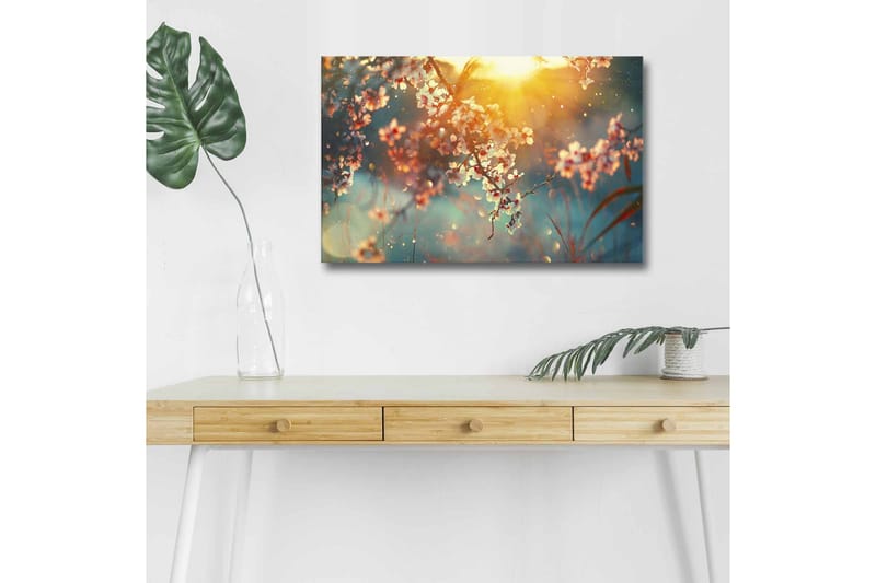 Lerretsbilde med LED-belysning - Blomstrende grener i mykt lys, Rosa / Blå / Gull