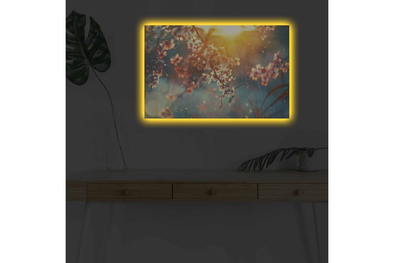 Lerretsbilde med LED-belysning - Blomstrende grener i mykt lys - Rosa / Blå / Gull - Innredning - Bilder & kunst - Lerretsbilder