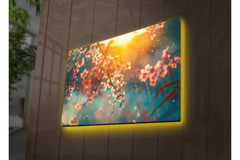 Lerretsbilde med LED-belysning - Blomstrende grener i mykt lys - Rosa / Blå / Gull - Innredning - Bilder & kunst - Lerretsbilder