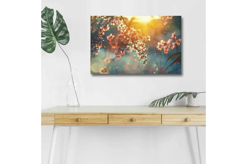 Lerretsbilde med LED-belysning - Blomstrende grener i mykt lys, Rosa / Blå / Gull