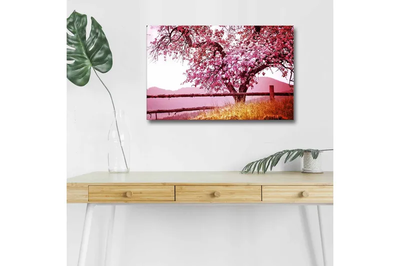 Lerretsbilde med LED-belysning - Blomstrende kirsebærtrær i et idyllisk landskap - Rosa / Grønn / Brun - Innredning - Bilder & kunst - Lerretsbilder