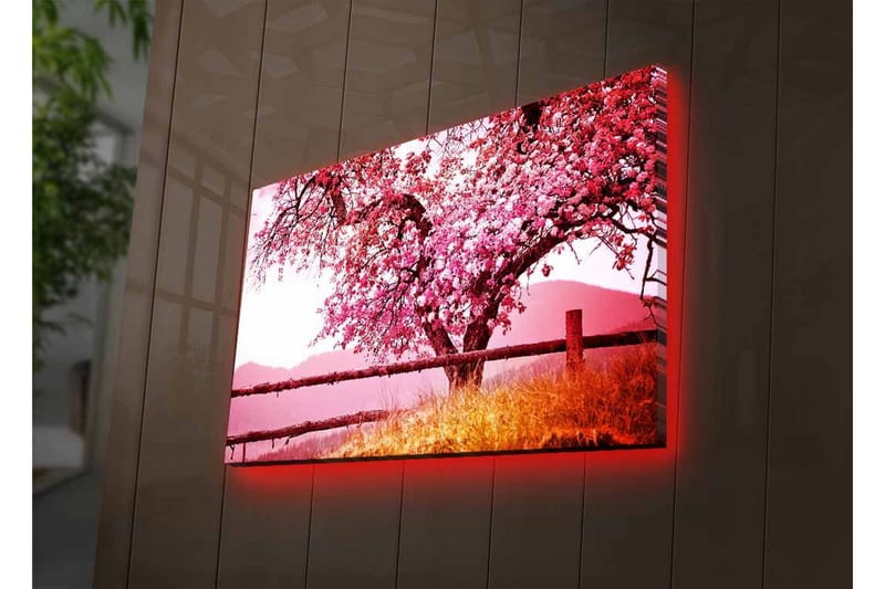 Lerretsbilde med LED-belysning - Blomstrende kirsebærtrær i et idyllisk landskap - Rosa / Grønn / Brun - Innredning - Bilder & kunst - Lerretsbilder