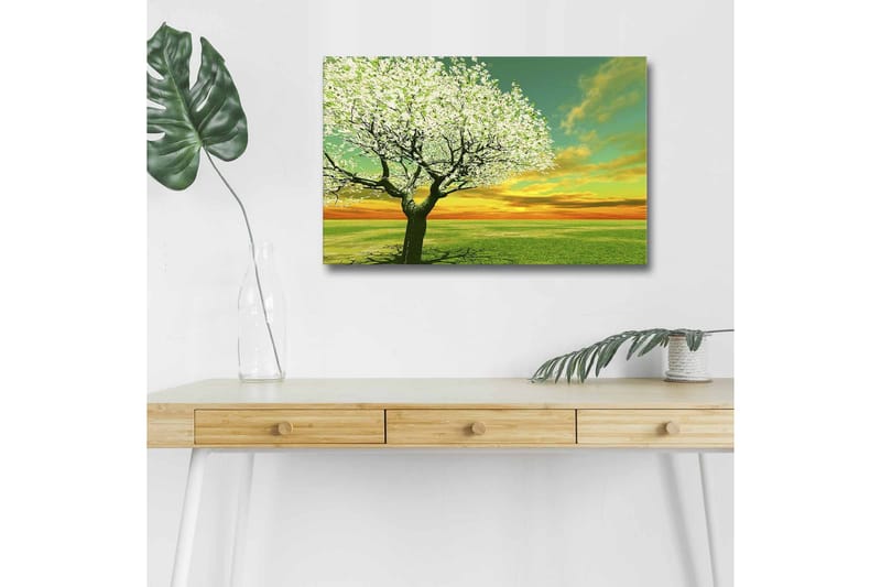 Lerretsbilde med LED-belysning - Blomstrende trær ved solnedgang - Grønn / Hvit / Oransje - Innredning - Bilder & kunst - Lerretsbilder