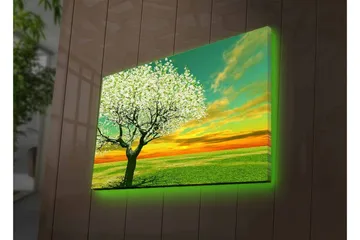 Lerretsbilde med LED-belysning - Blomstrende trær ved solnedgang - Grønn / Hvit / Oransje - Innredning - Bilder & kunst - Lerretsbilder
