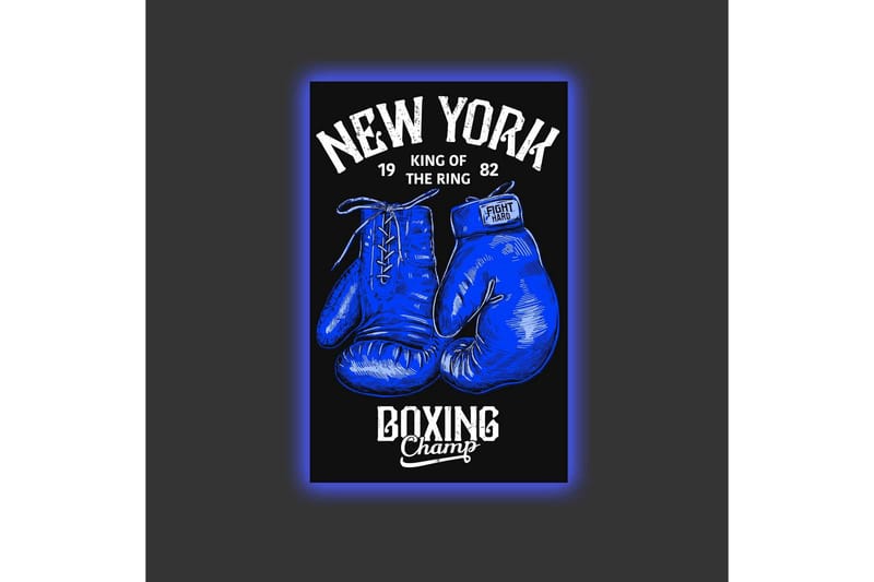 Lerretsbilde med LED-belysning - Boksehansker med tekst og grafiske detaljer - Blå / Svart - Innredning - Bilder & kunst - Lerretsbilder