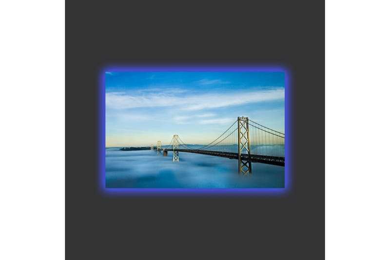 Lerretsbilde med LED-belysning - Bro over tåkete vannflate med klar himmel - Blå / Grå / Hvit - Innredning - Bilder & kunst - Lerretsbilder