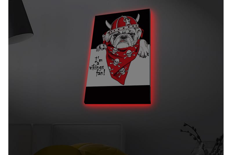 Lerretsbilde med LED-belysning - Bulldog i vikinghjelm med rød bandana og hodeskaller - Rød / Svart / Hvit - Innredning - Bilder & kunst - Lerretsbilder