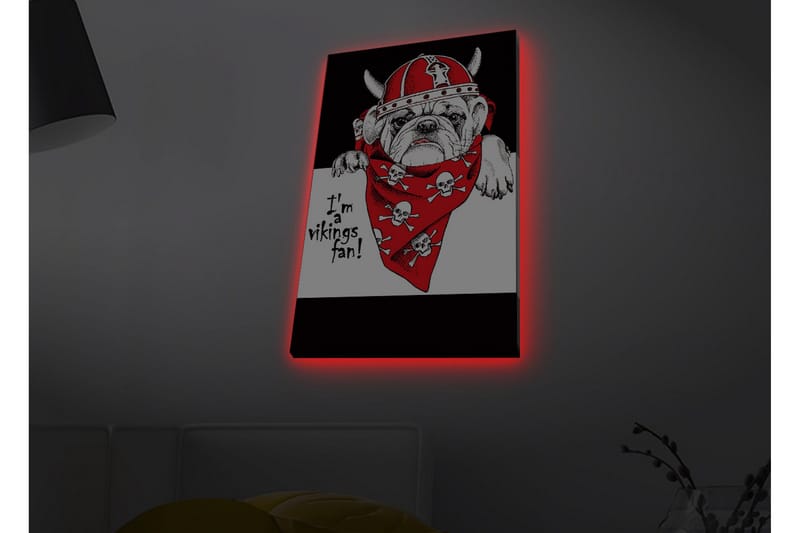 Lerretsbilde med LED-belysning - Bulldog i vikinghjelm med rød bandana og hodeskaller - Rød / Svart / Hvit - Innredning - Bilder & kunst - Lerretsbilder