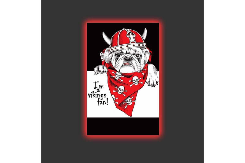 Lerretsbilde med LED-belysning - Bulldog i vikinghjelm med rød bandana og hodeskaller - Rød / Svart / Hvit - Innredning - Bilder & kunst - Lerretsbilder