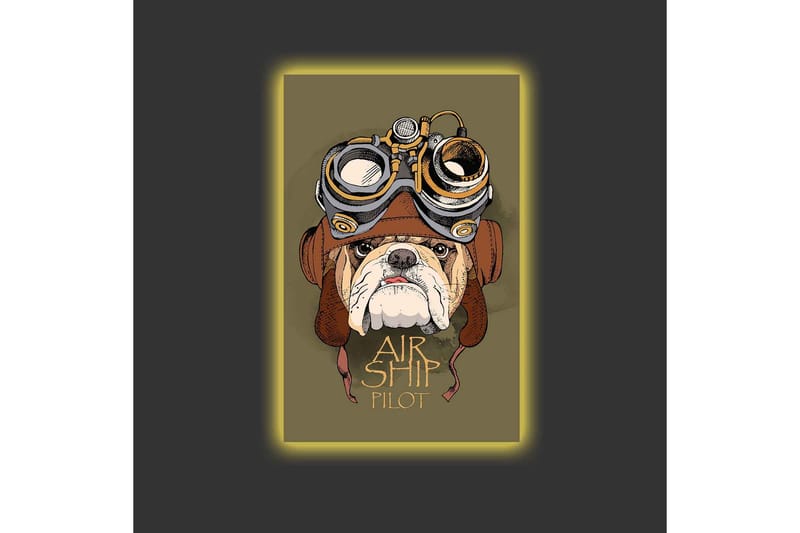 Lerretsbilde med LED-belysning - Bulldog i pilotutstyr med beskyttelsesbriller - Grønn / Brun / Hvit - Innredning - Bilder & kunst - Lerretsbilder