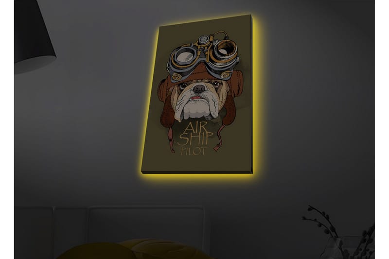 Lerretsbilde med LED-belysning - Bulldog i pilotutstyr med beskyttelsesbriller - Grønn / Brun / Hvit - Innredning - Bilder & kunst - Lerretsbilder