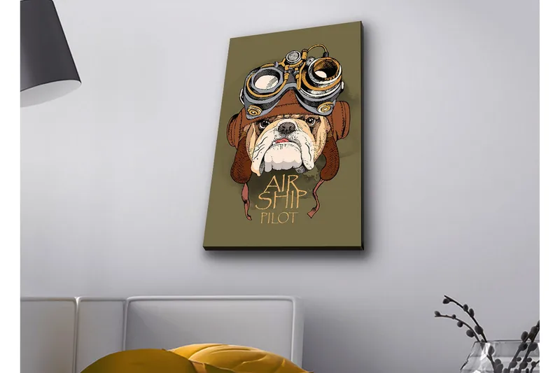 Lerretsbilde med LED-belysning - Bulldog i pilotutstyr med beskyttelsesbriller, Grønn / Brun / Hvit