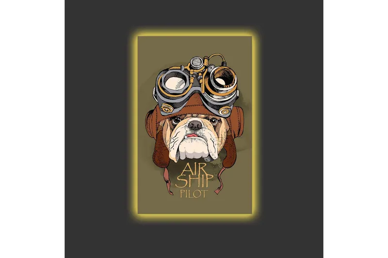 Lerretsbilde med LED-belysning - Bulldog i pilotutstyr med beskyttelsesbriller - Grønn / Brun / Hvit - Innredning - Bilder & kunst - Lerretsbilder
