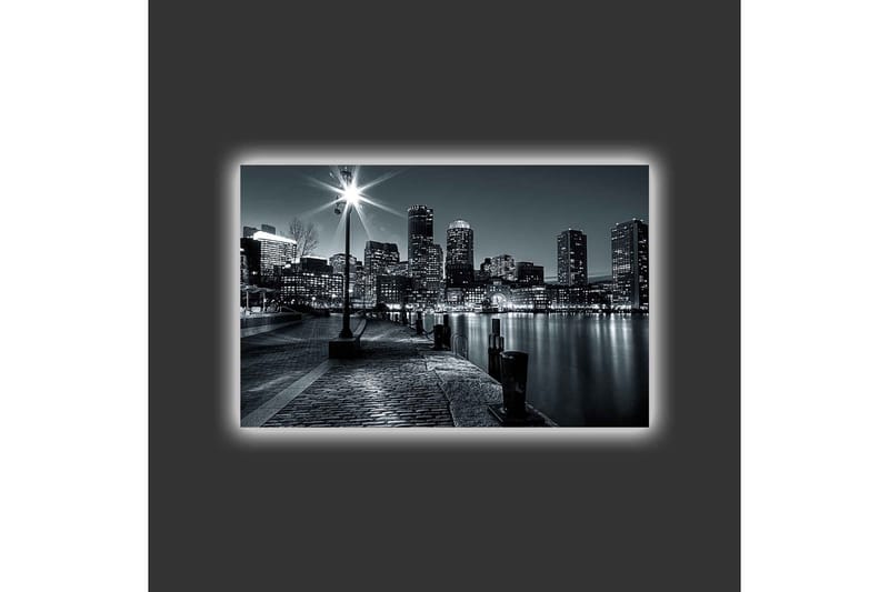 Lerretsbilde med LED-belysning - Bylandskap i svart-hvitt med refleksjoner i vannet - Svart / Grå - Innredning - Bilder & kunst - Lerretsbilder